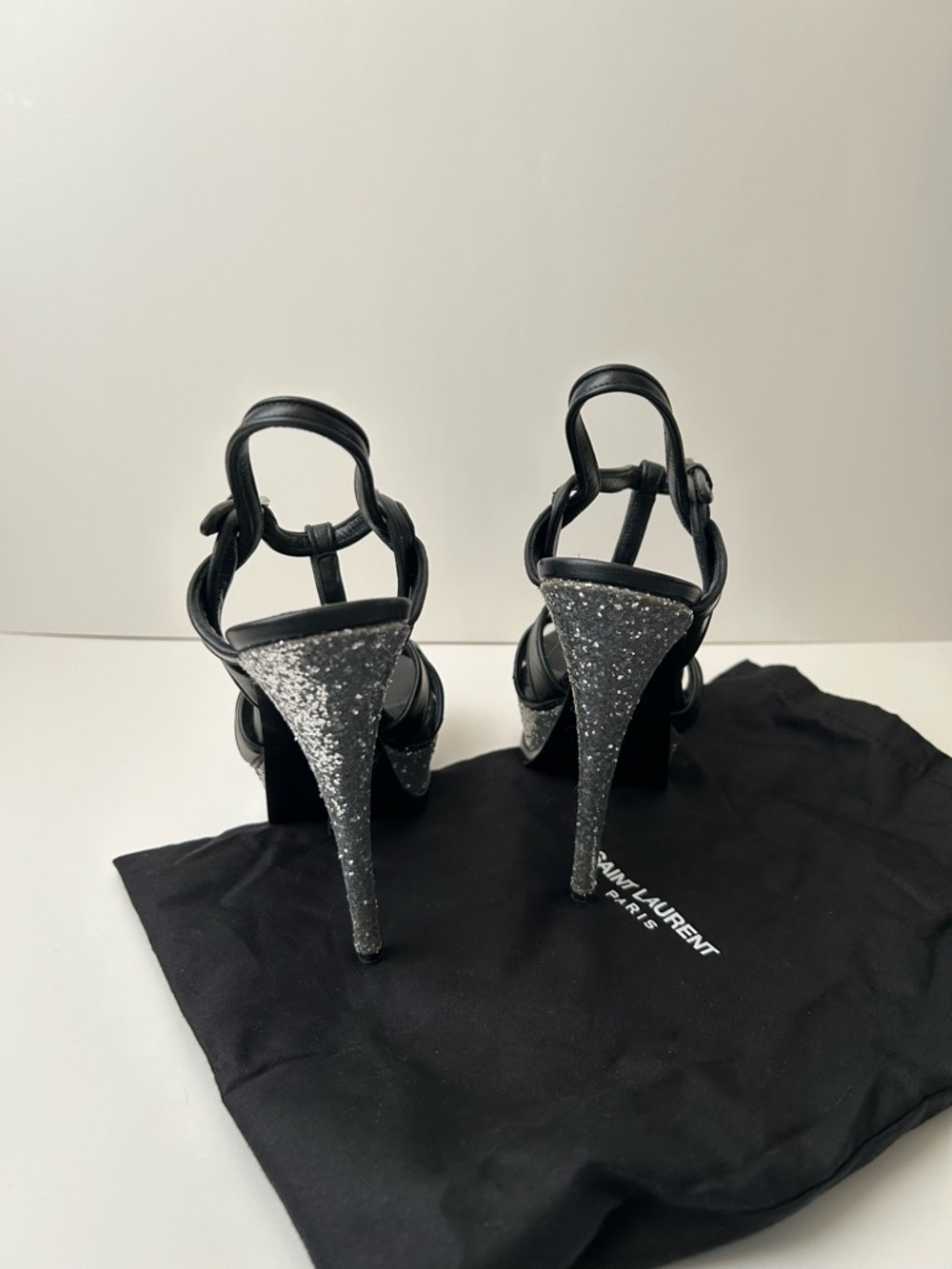 Saint Laurent Black Leather Platform Slingback Heels with Glitter - Picture 4 of 4